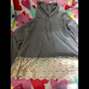 Gray hooded lace bottom shirt